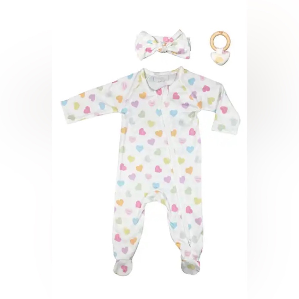 Toby NWT Baby Girl Conversation Hearts Onsie with Matching Headband & Rattle